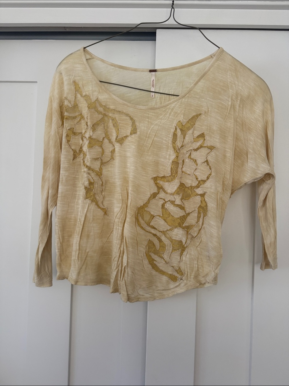 Free People Beige Floral Applique Long Sleeve Tee